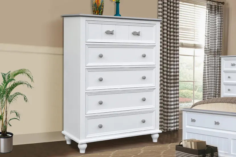 Fishtails Chest | 5 Drawer Two Tone White & Gray Coastal Chest