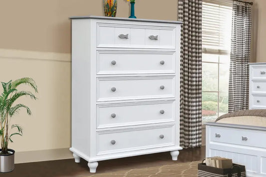 Fishtails Chest | 5 Drawer Two Tone White & Gray Coastal Chest