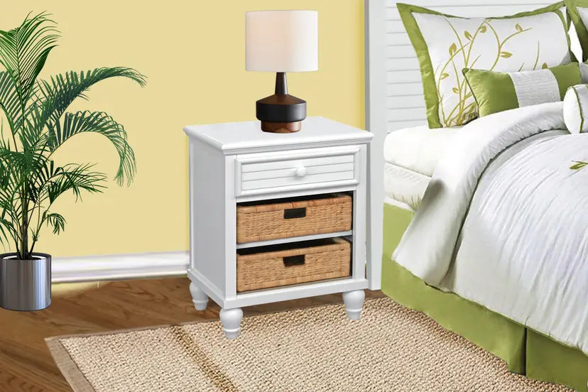 Sunset Basket Nightstand – White Coastal Bedside Table with Seagrass Storage