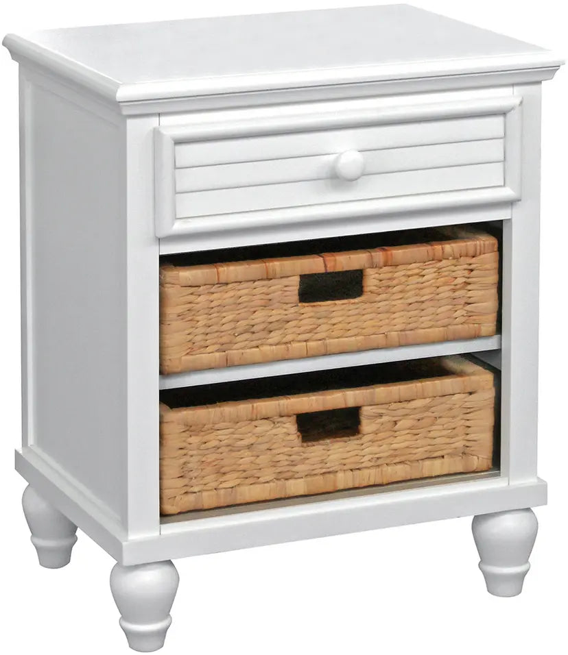 Sunset Basket Nightstand – White Coastal Bedside Table with Seagrass Storage